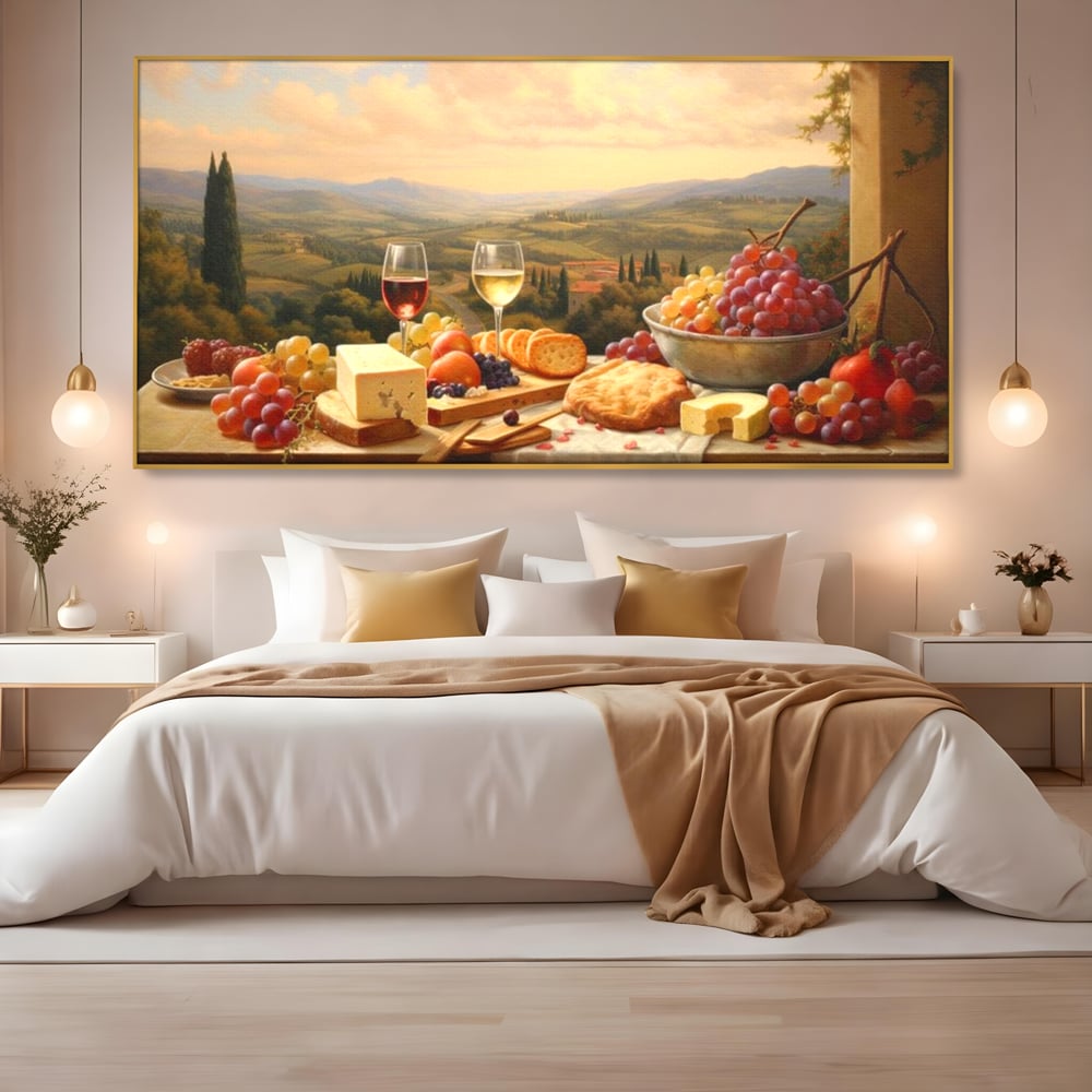 Tablou canvas cu tablou canvas cu peisaj tomnatic si masa imbelsugata, in rama de aluminiu auriu, pe perete intr-un dormitor